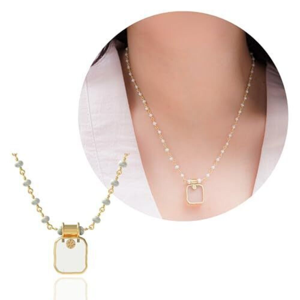 3422 Clear Quartz Necklace , Square Premium Gold Beaded Necklaces - Tarnish